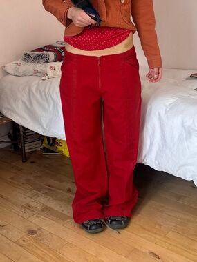 Red Wide-Leg Front-Zip Pants